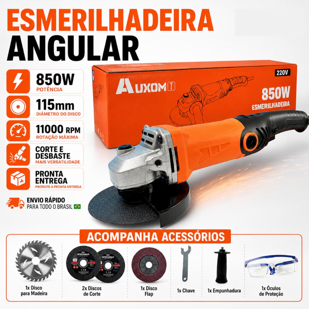 Esmerilhadeira Angular 750W 115mm Bivolt 11000RPM Profissional Corte e Desbaste + Punho Anti Vibração Envio Brasil