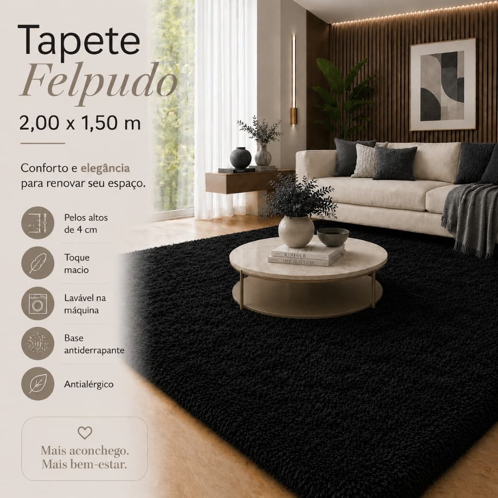 Tapete Shaggy Felpudo Preto 2,00x1,50 Pelo Alto 4cm Antiderrapante Lavável Para Sala E Quarto