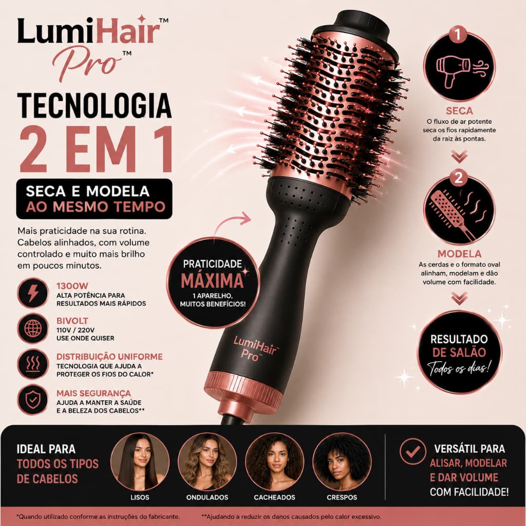 Escova Secadora Cabelos Bivolt 1300W Modeladora Pentes Giratórios Profissional 2 em 1 anti frizz.
