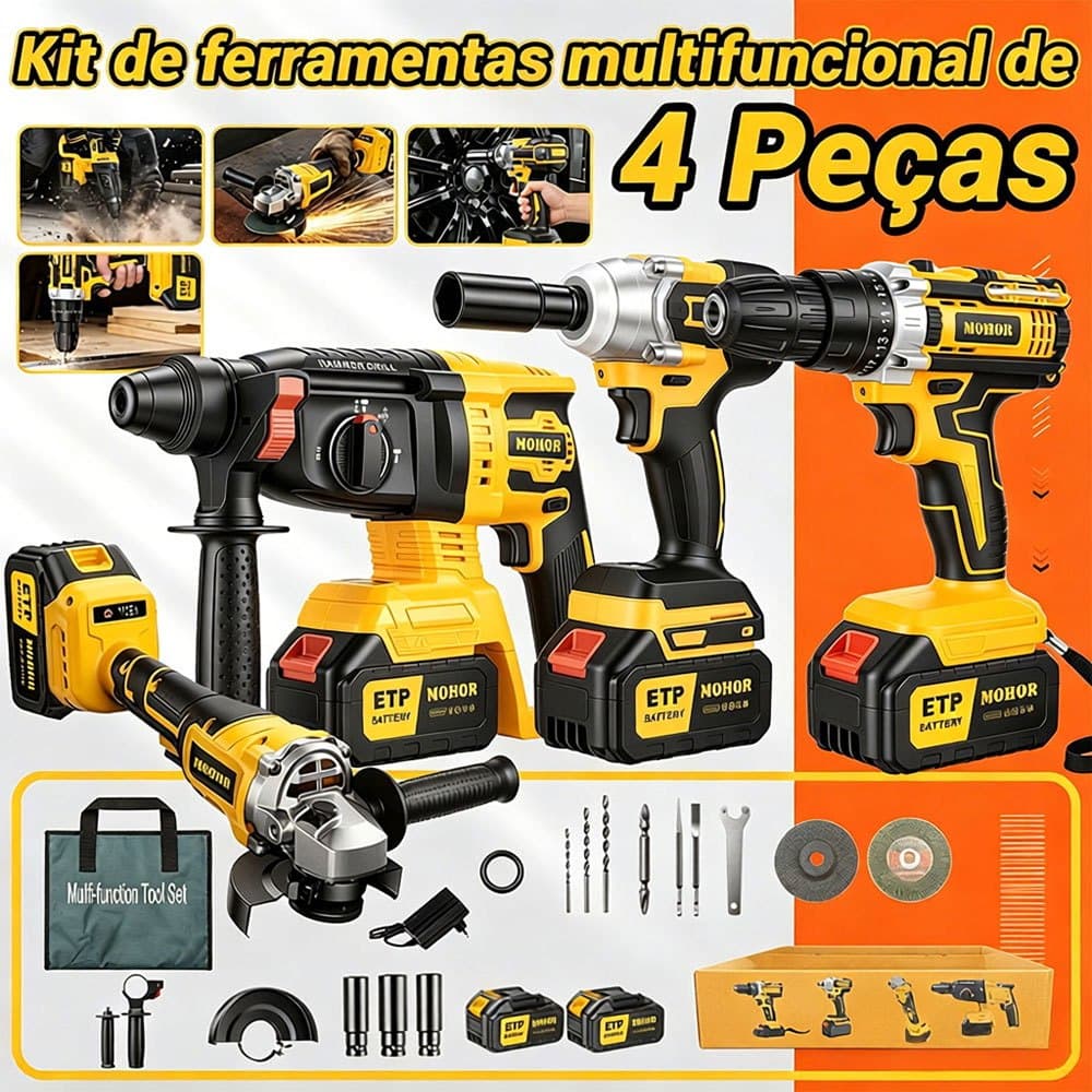 TURBO Kit Ferramentas 4em1 48V Sem Fio Furadeira Parafusadeira Esmerilhadeira Chave de Impacto Kit Elétrico com Bateria