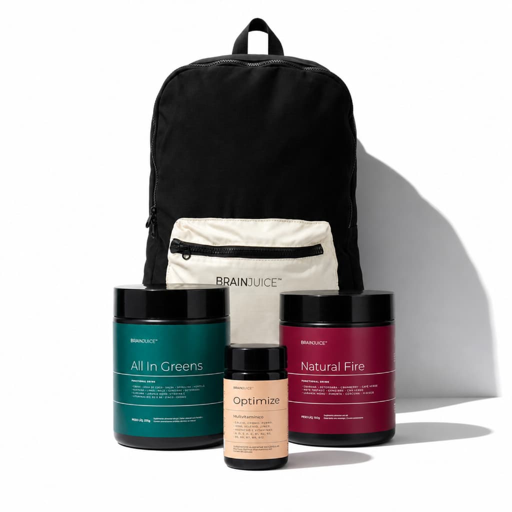 Kit Performance Pack Suplemento Alimentar All in Greens + Pré Treino Natural Fire + Multivitamínico Optimize + Brainbag