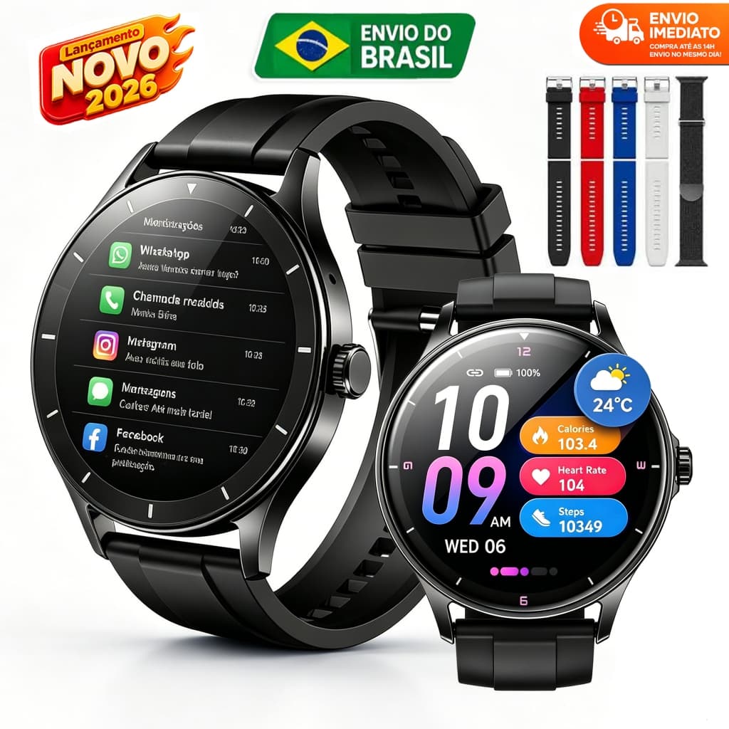 2026 Smartwatch 7 Em 1Alças Relógio Inteligente esportivo Tela AMOLED 1.41″ NFC com bateria grande frequência cardíaca