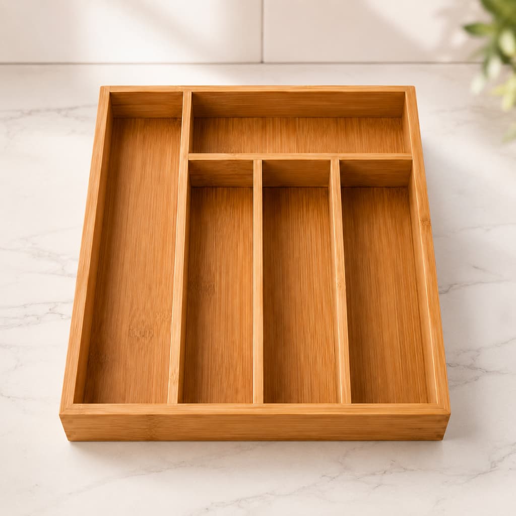 Porta Talheres Organizador De Bambu 5 Divisórias Gaveta Cozinha Multiuso 35x28cm