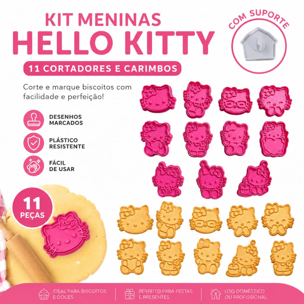 KIT 22 ITENS - 11 MOLDES CORTADOR E 11 CARIMBOS DE BISCOITO e MASSINHA DE MODELAR - MENINAS KITTY