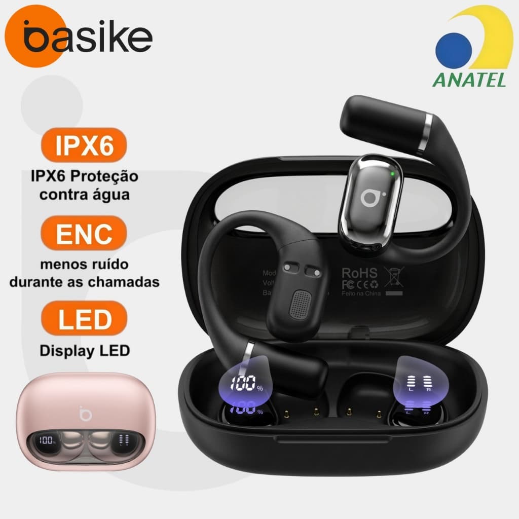 BASIKE Fone de Ouvido Bluetooth Aberto com Display 68H Bateria IPX6 Bluetooth 6.0 Compatível Android e iPhone Samsung