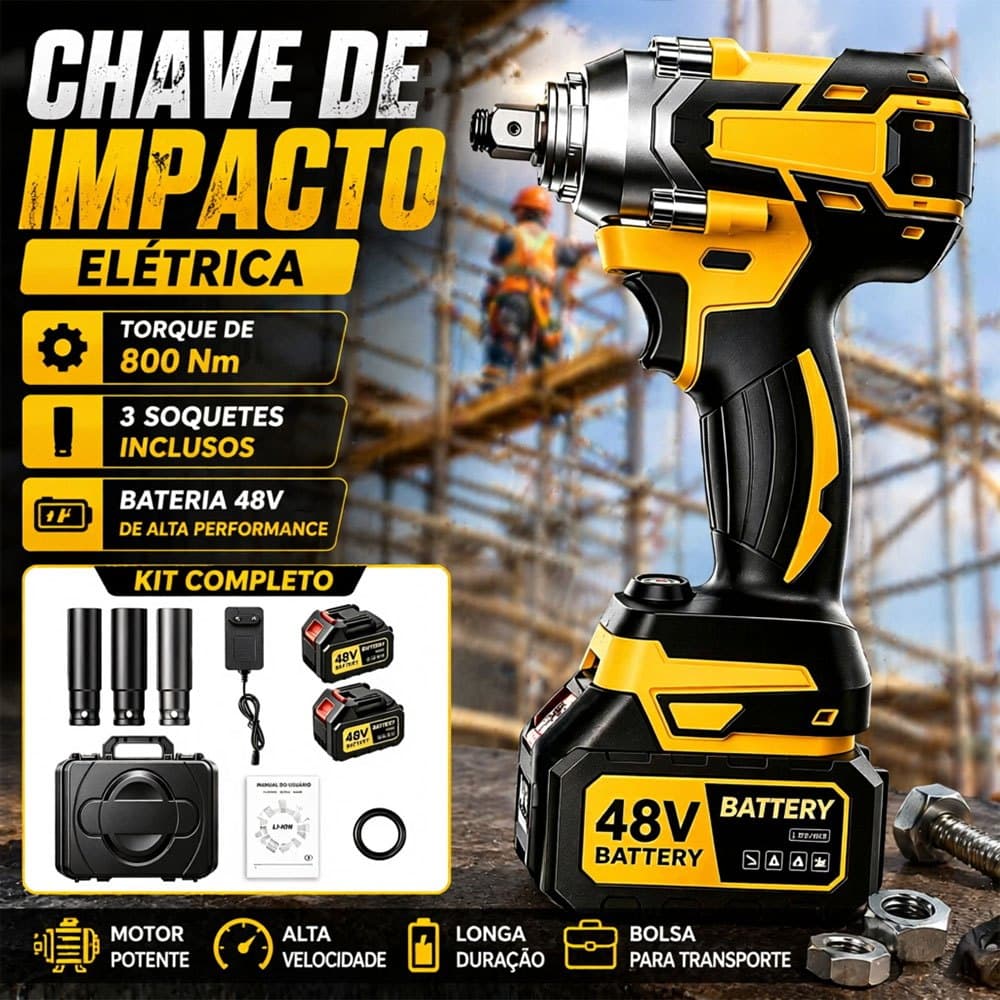 Chave de Impacto 800NM Eletrica Parafusadeira Furadeira Brushless 48V 2 Baterias kit ferramentas completo