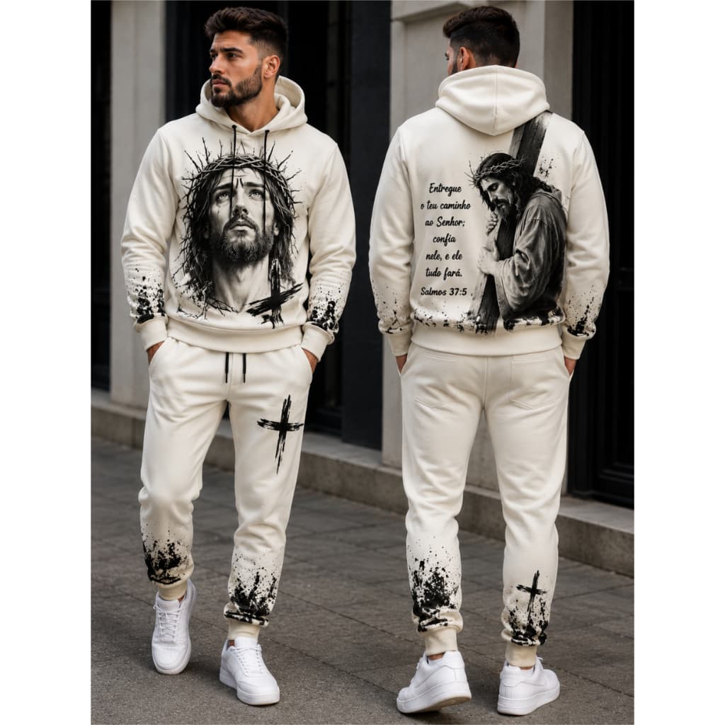 Conjunto de Moletom Jesus Cristo Off White Masculino Estampa Cristã Premium Inverno Capuz e Calça