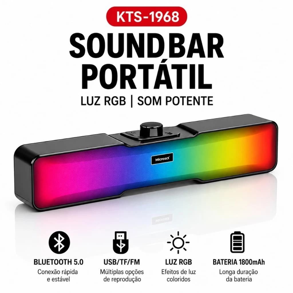 Soundbar Gamer Portátil Bluetooth RGB Caixa de Som para PC, TV e Notebook – LED, Bateria 1800mAh, USB, FM