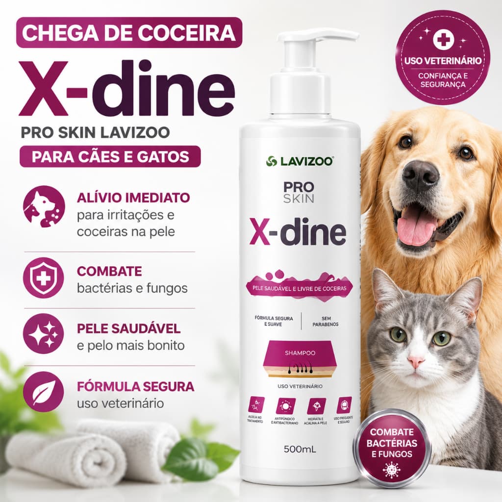 Shampoo Clorexidina X-Dine 500ml para Cães e Gatos Lavizoo Original