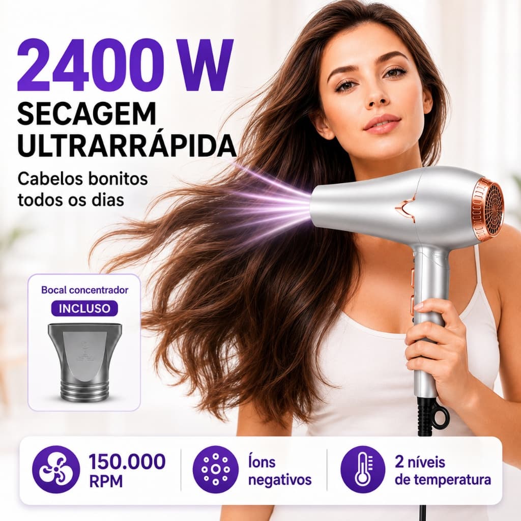 Secador de Cabelo Profissional 2400W  220V com Íons Negativos e Bocal Concentrador