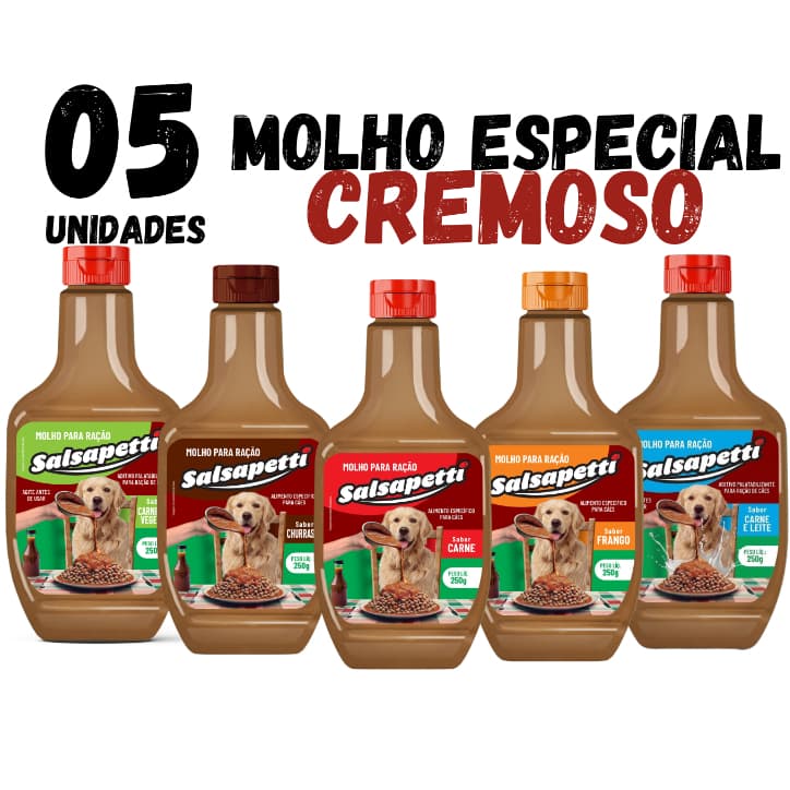 Kit 5 Molho para Ração de Cachorro Tasty 250g Salsapetti Sabores Cremoso Sachê para Cachorro Molho para Ração Pet