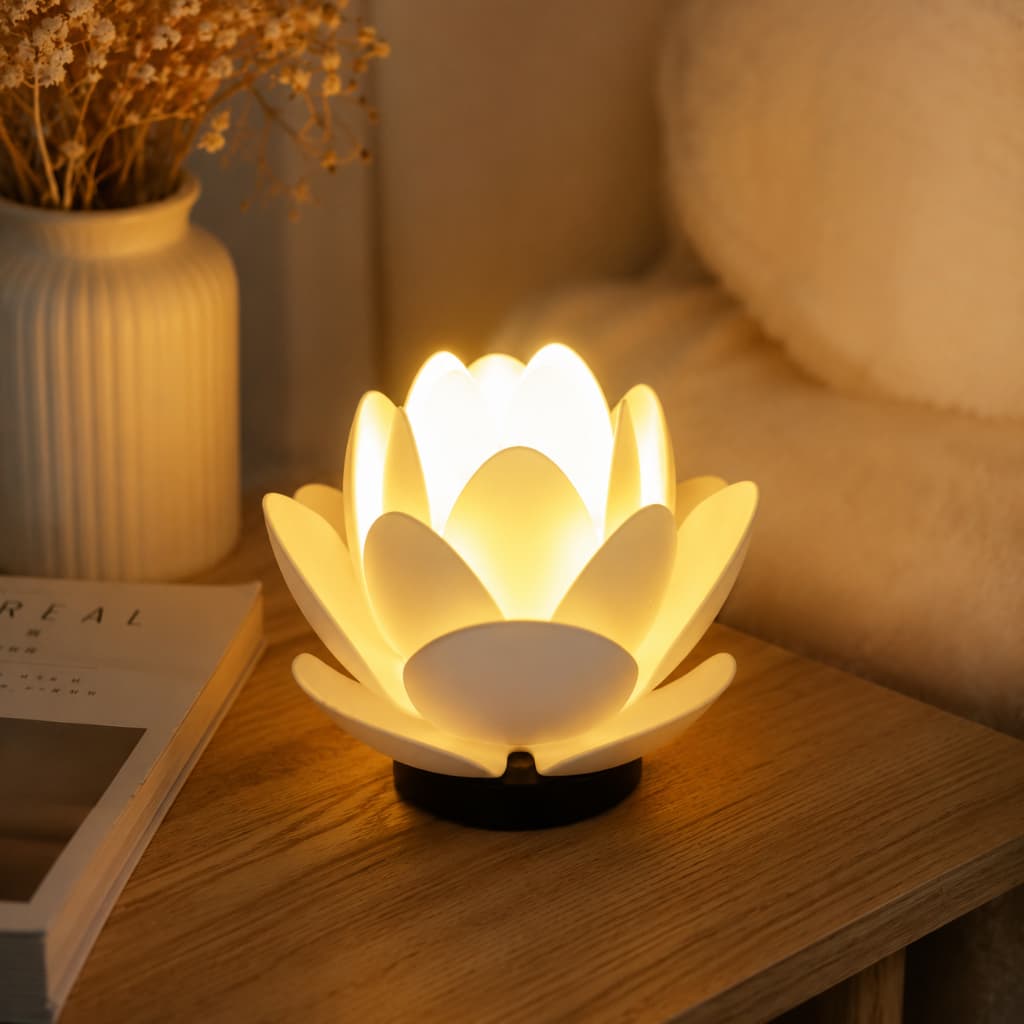 Luminária Flor de Lótus LED Decorativa – Pequeno Abajur de Mesa Zen para Quarto, Sala e Decoração