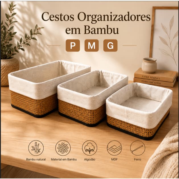 Cesto Organizador de Bambu com Forro Kit P M G Multiuso Decorativo para Lavanderia Banheiro Closet e Brinquedos
