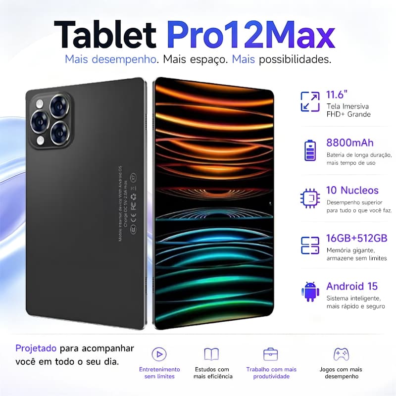 Tablet PRO12 16GB+512 GB HD 11.6inch Tela Grande PC Android Dual SIM Card WIFI Online 5G