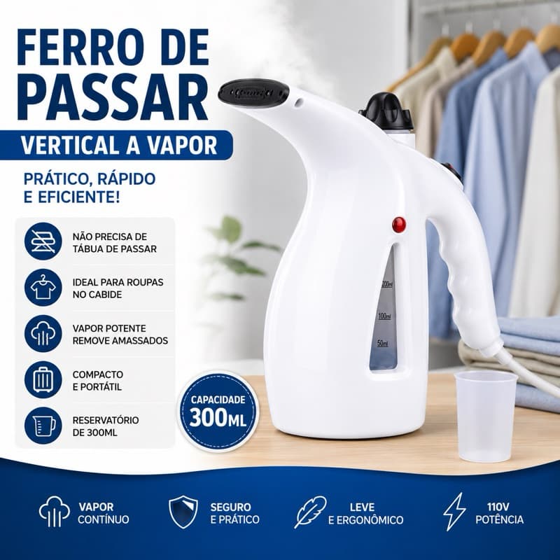 Ferro de Passar Vertical a Vapor 300ml 110V Portátil Vaporizador Steamer para Roupas Branco