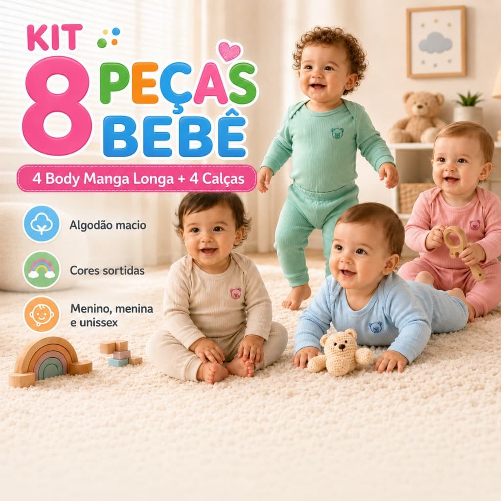 Kit 8 Peças Bebê Ursinho 4 Body Manga Longa + 4 Calça Ribana Roupa de Bebê Menina ou Menino