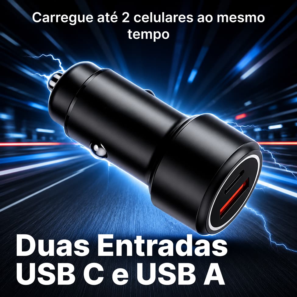 Carregador Veicular Turbo 20W Duplo USB e Tipo C Rápido Homologado Anatel Para Carro Celular