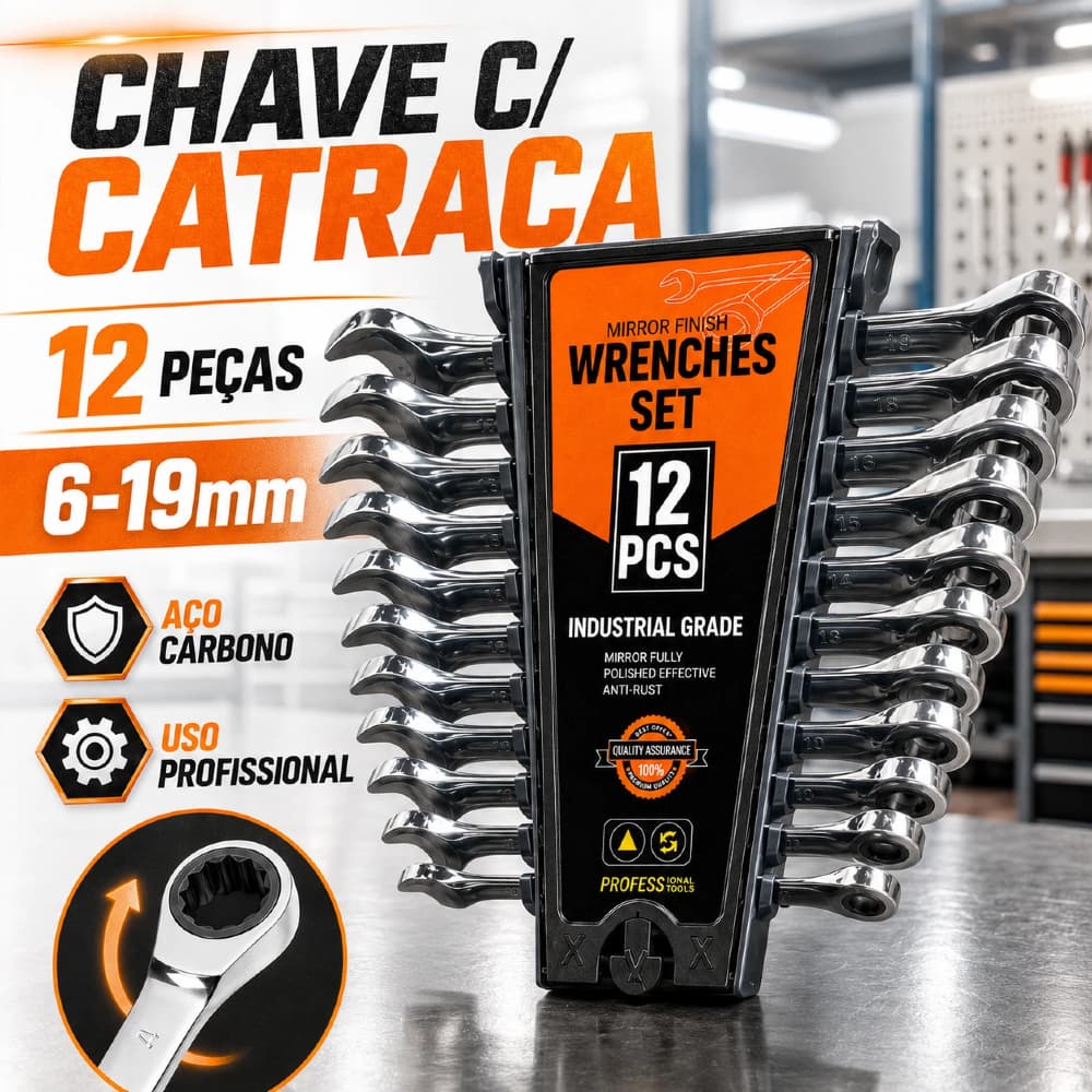 Jogo 12 Chave Combinada com Catraca 6-19mm Aço Carbono - Ferramenta Profissional para Mecânica Automotiva