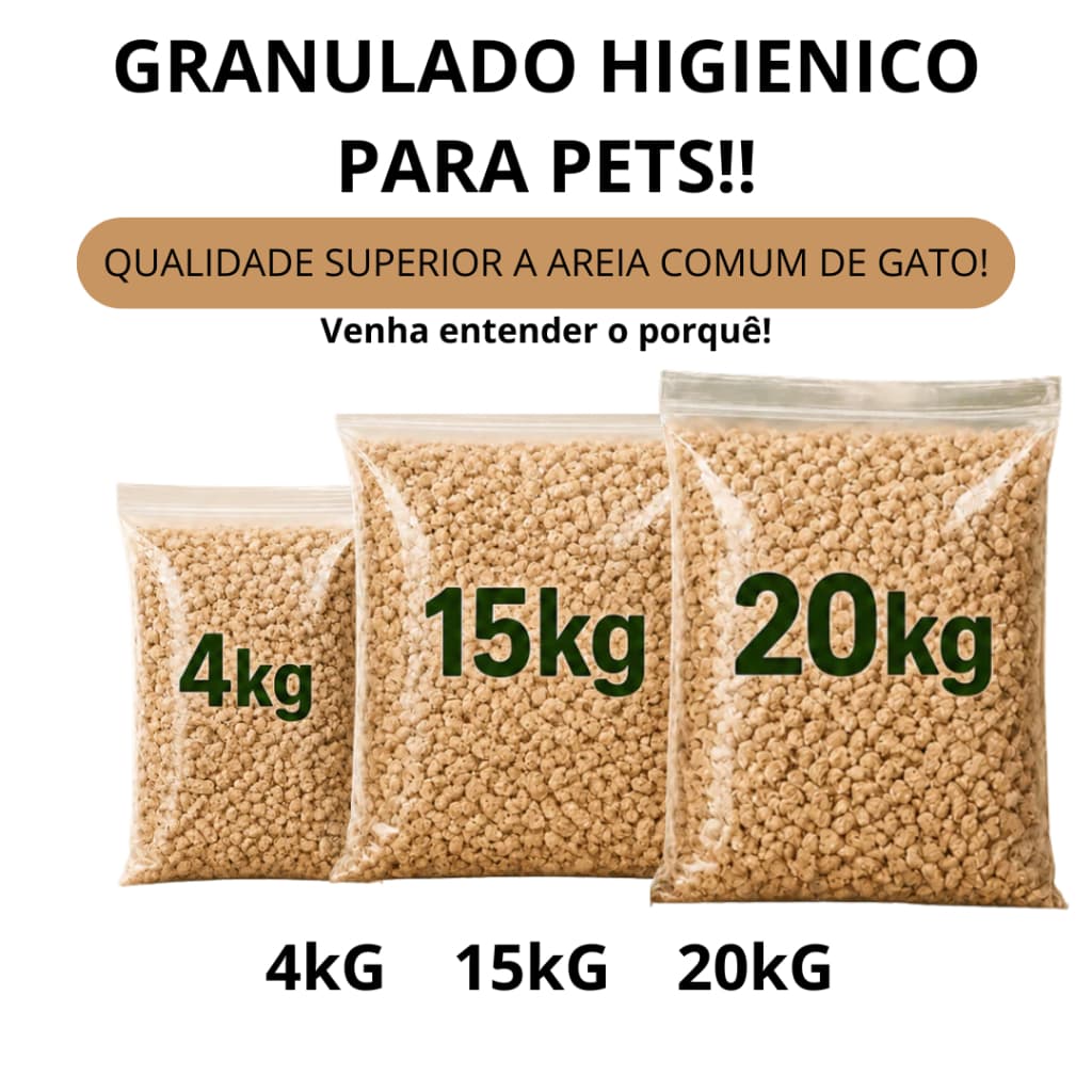 Areia Pellets Granulada Higiênica Sanitária de Madeira de 4kg, 15kg e 20kg Anti-Odor para Pets com Alta Absorção premium