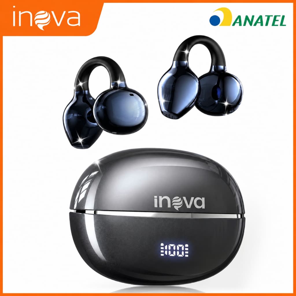 INOVA Fone de Ouvido Bluetooth FreeClip Display Digital sem Fio Design em C Bluetooth 6.0