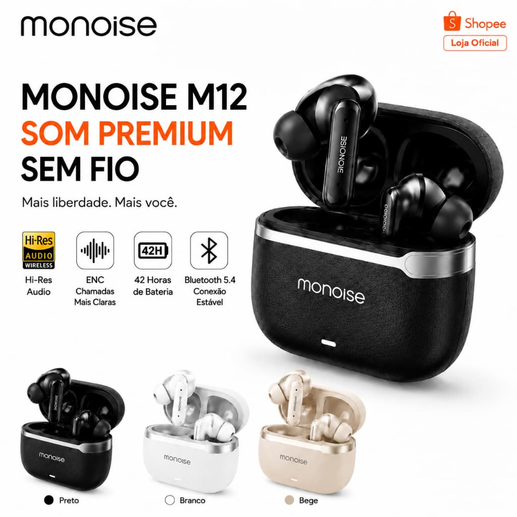 Fone de Ouvido Bluetooth Monoise M12 Sem Fio TWS com 4 Microfones para Celular Android iOS com Case de Carregamento