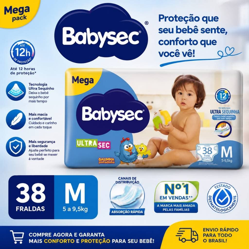 Fralda Babysec Ultrasec M 38un Galinha Pintadinha 12h Proteção Antivazamento Conforto Bebê