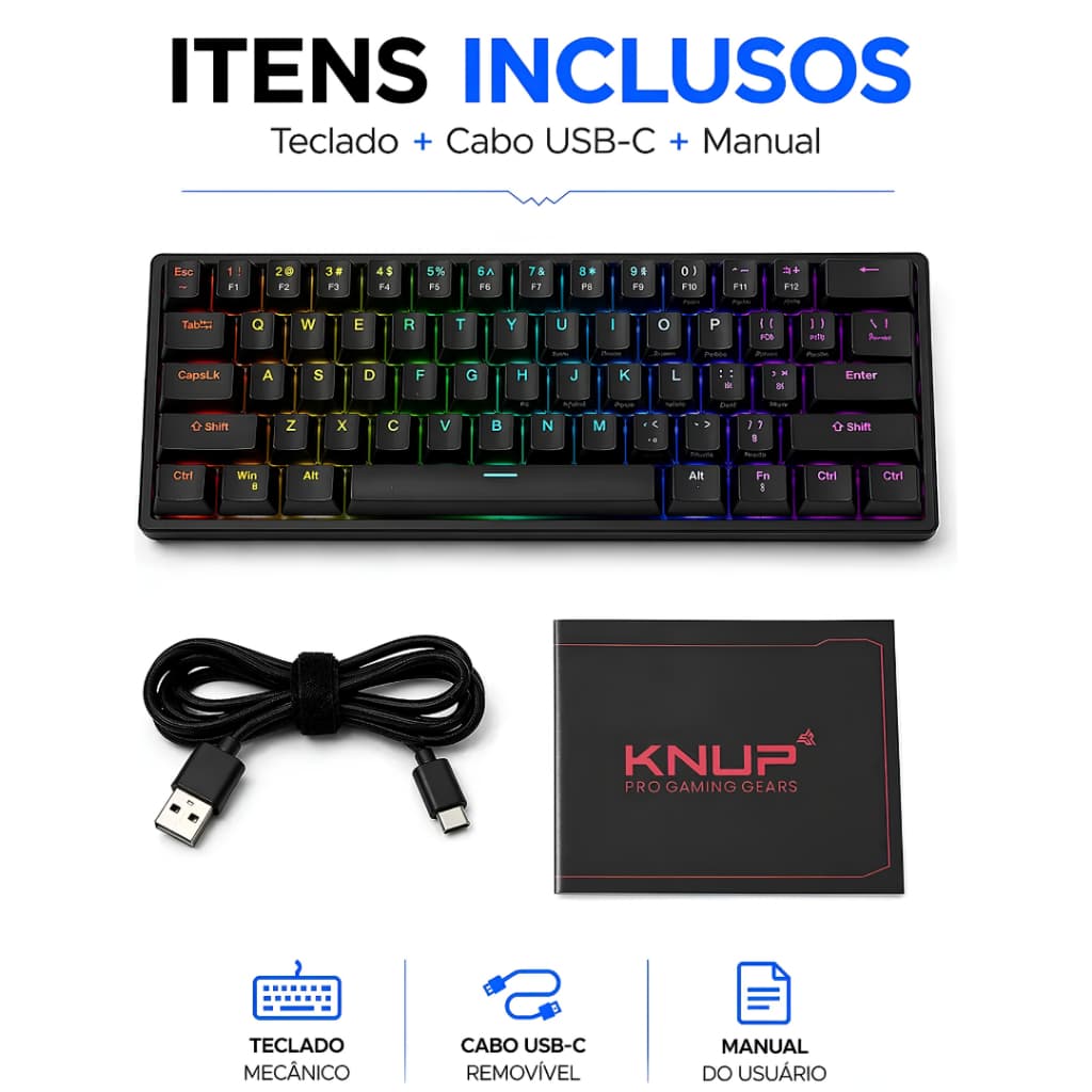Teclado Mecânico Gamer KNUP 63 Teclas Switch Blue Rainbow RGB Anti-Ghosting USB