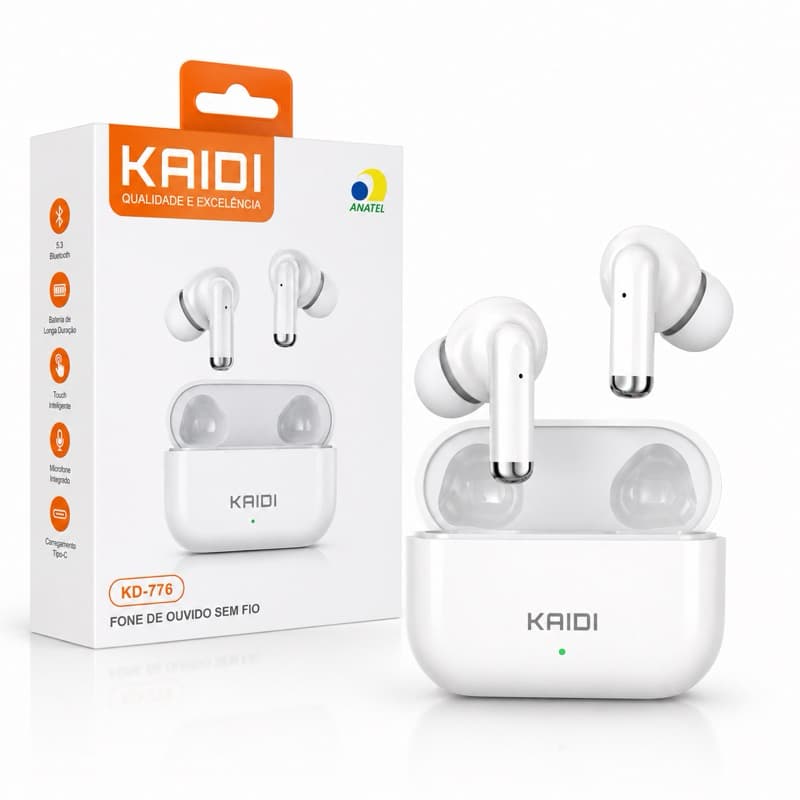 Fone Bluetooth Kaidi KD-780 Sem Fio Branco TWS Bluetooth 5.3 Touch Tipo-C Microfone HD Android iPhone na