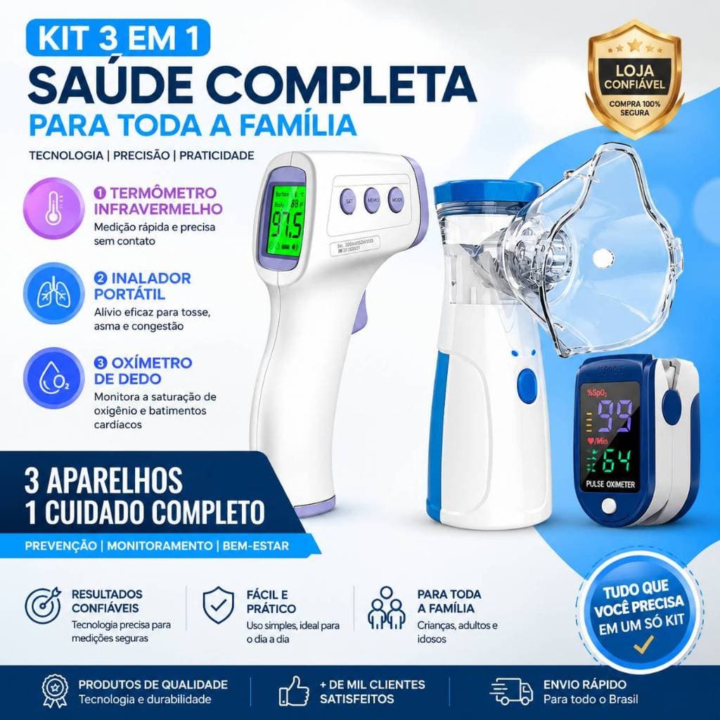 Kit Saúde Familiar Oxímetro Digital Termômetro Infravermelho Inalador Portátil Recarregável Completo