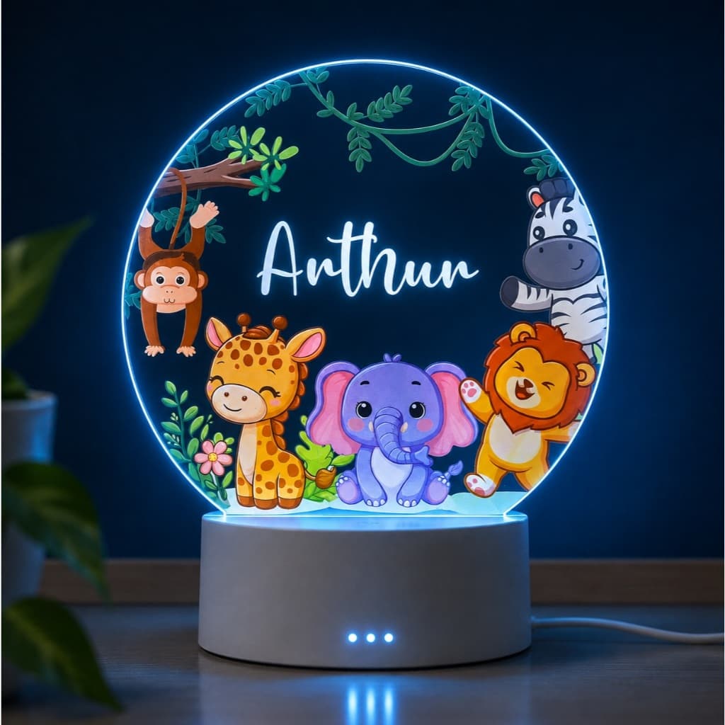 Luminária Led quarto menino ou menina Led UV personalizado com o nome - safari, animais abajur infantil