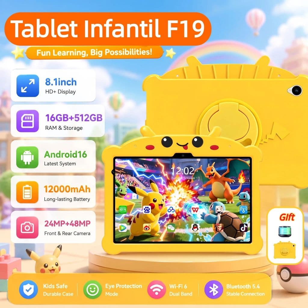 F19 Tablet Infantil Kids 8.1" HD - 16GB RAM +512GB ROM Bateria 12000mAh Câmeras 48MP+24MP Snapdragon 8 Gen 3 Android 16