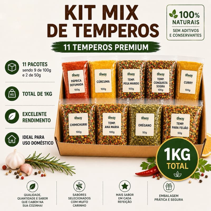 Kit Completo de Temperos Ohway 1kg | 11 Temperos Naturais para Carnes, Frango, Churrasco, Massas e Saladas