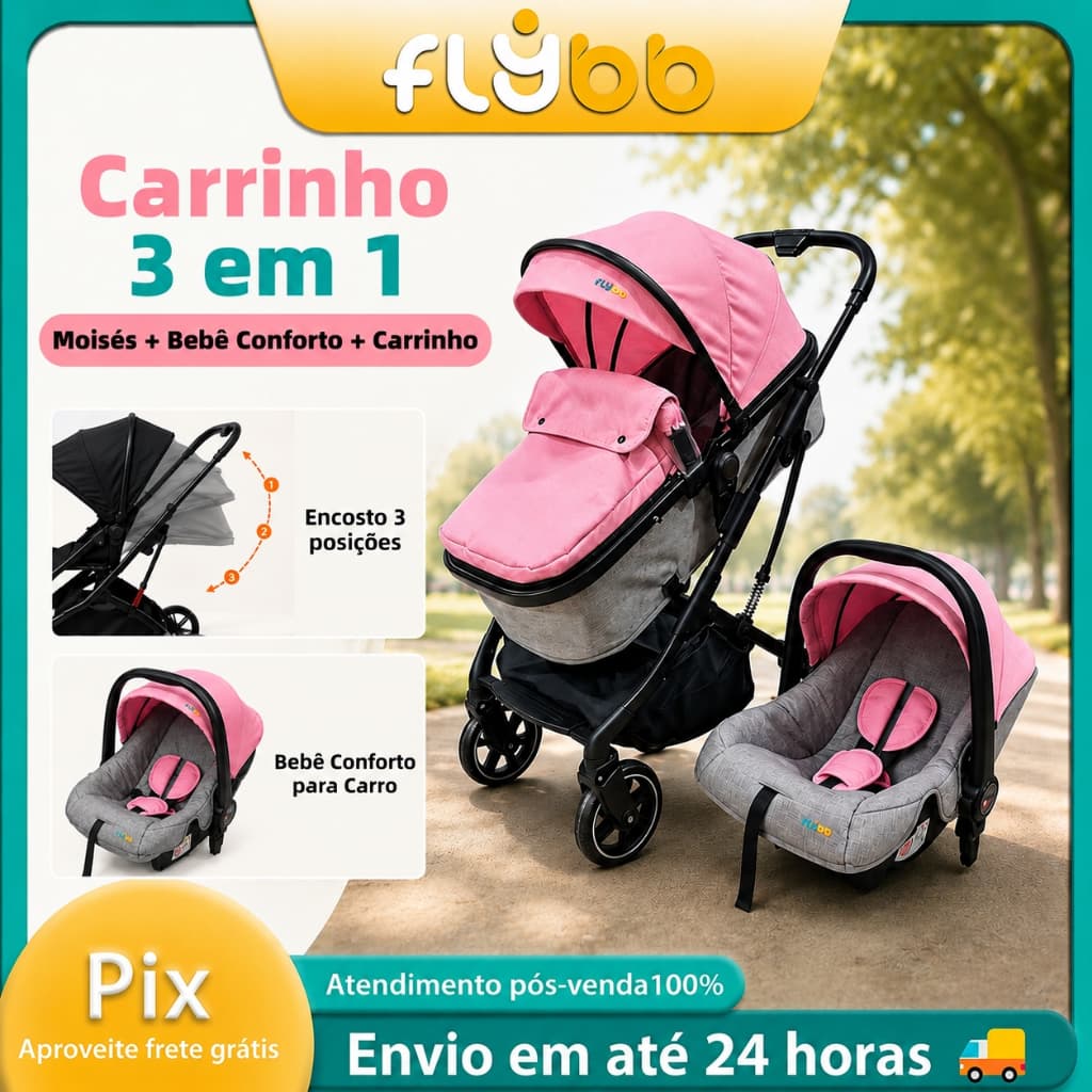 Carrinho de Bebê 3 em 1 Moisés + Bebê Conforto Encosto 3 Posições Com Bandeja