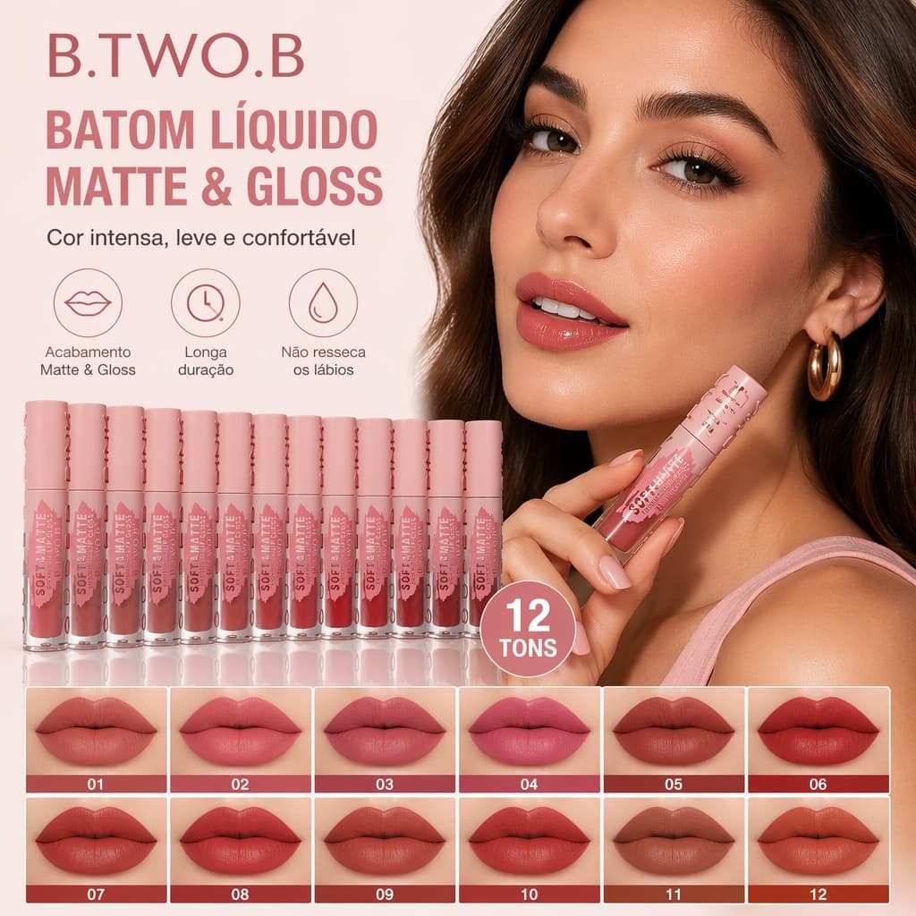 B.TWO.B Batom Líquido Matte & Gloss 12 Tons Longa Duração Hidratante à Prova de Desbotamento