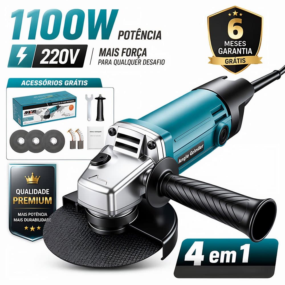 Máquina Esmerilhadeira 1100W Voltagem 110-127V/220V Alta Potência com Punho Lateral para Uso Profissional