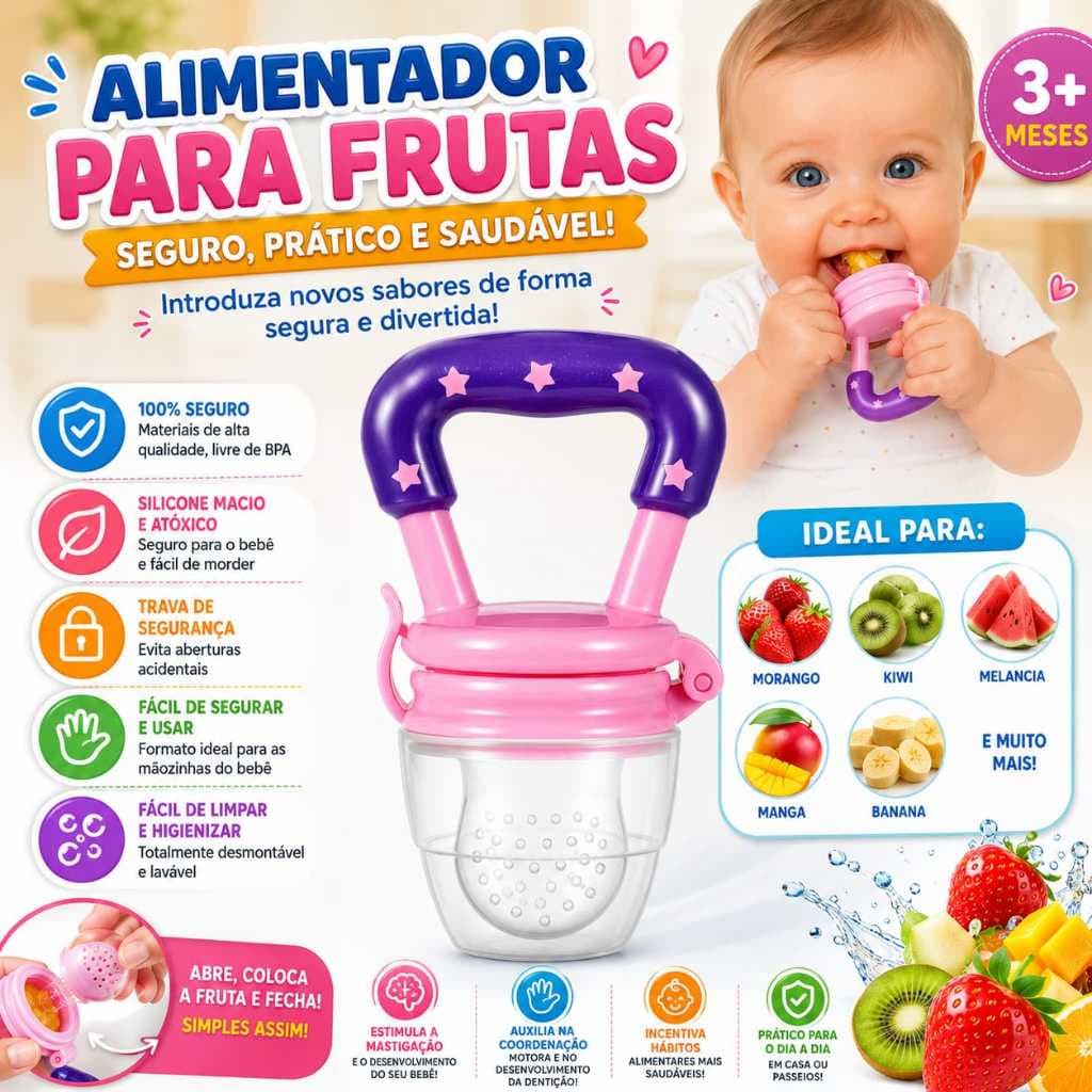Chupeta Mordedor Alimentadora Bebê De Silicone  Com Bico Porta Fruta Azul e Rosa Chupeta Mordedor