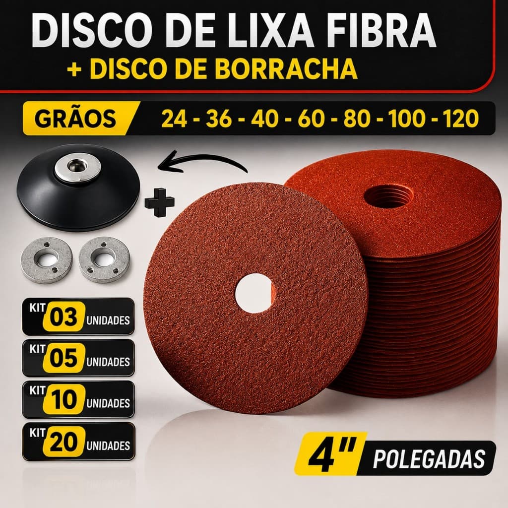 Kit Disco de Lixa Fibra + Base Suporte de Borracha Para Madeira Ferro 4 Polegadas 4.1/2'' Esmerilhadeira Lixadeira