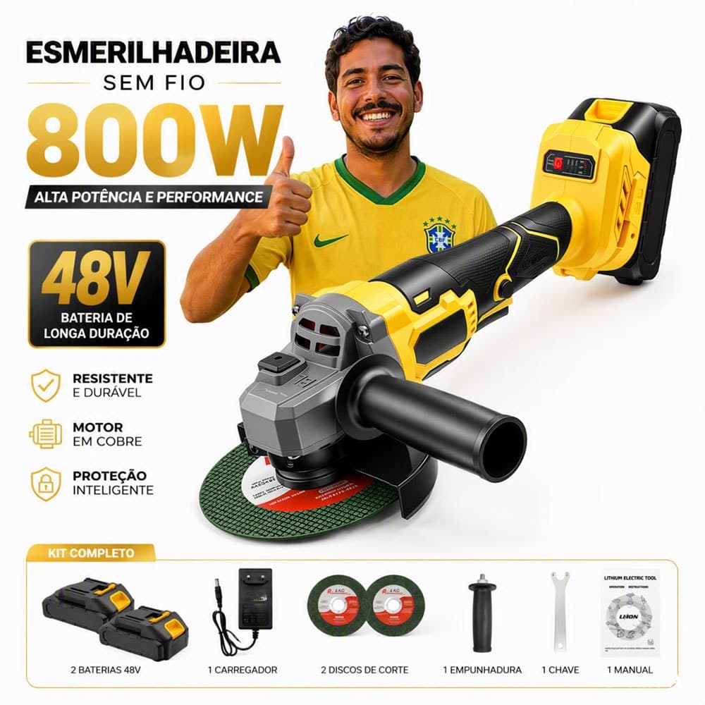 Esmerilhadeira Angular Sem Fio 48V 125mm 12000RPM com Duas Baterias Recarregaveis para Corte e Desbaste