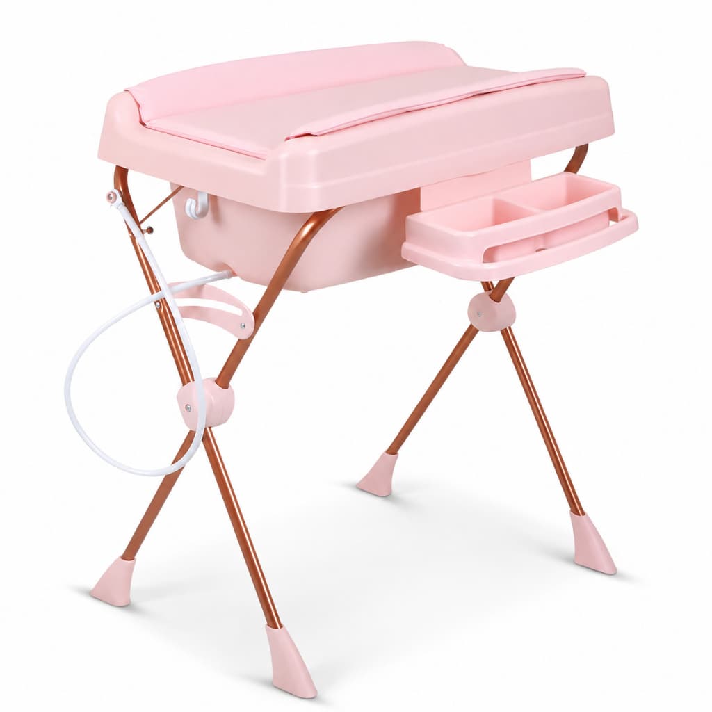 Banheira Bebê Infantil Rígida Com Suporte Dobrável e Trocador Rosa Burigotto Millenia
