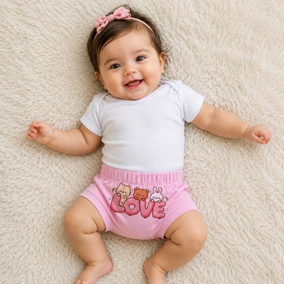 Kit 2 Tapa Fralda Infantil Short de Bebê Calcinha Confortável Menina Enxoval Baby LOVE Varias Cores Calor Verão Dia a Di