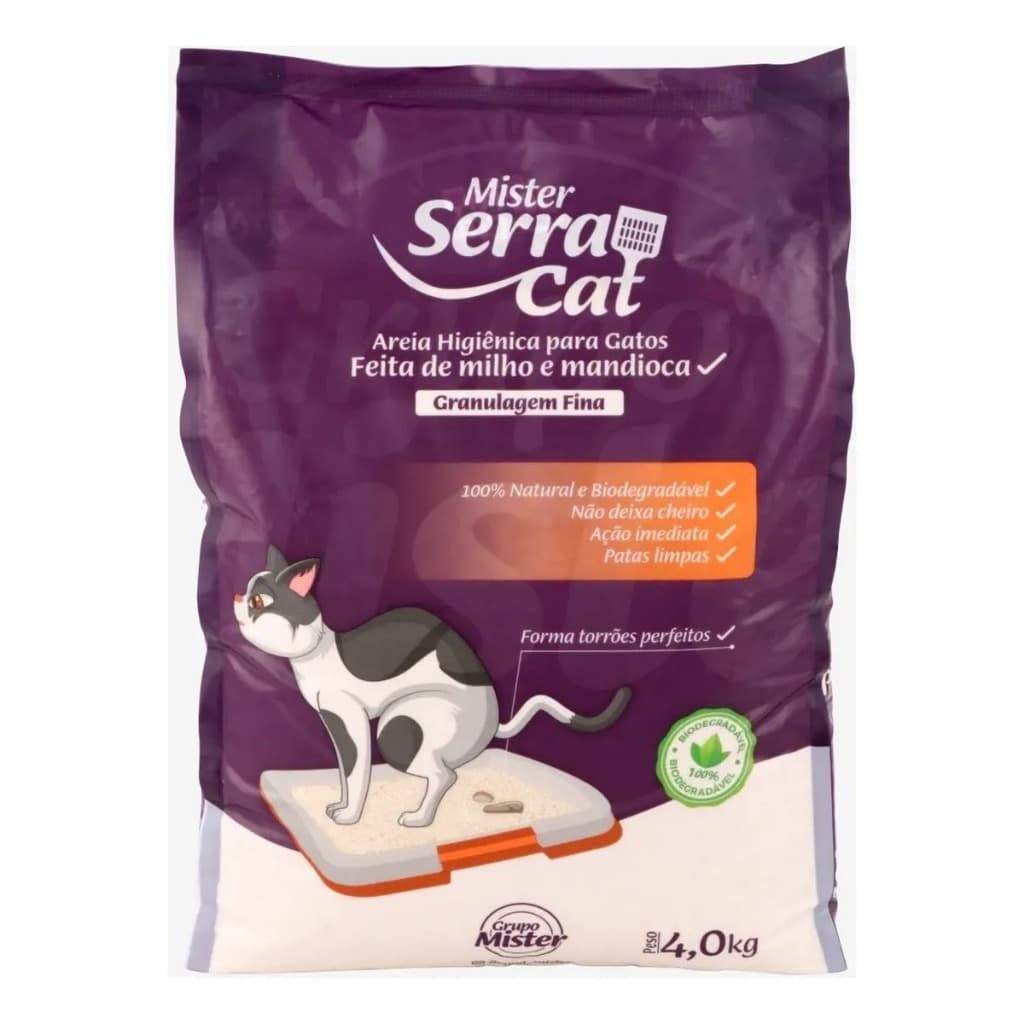 Areia Higiênica Sanitária Biodegradável Para Gatos Grãos finos/grossos Mister Serra Cat Mandioca E Milho 4kg