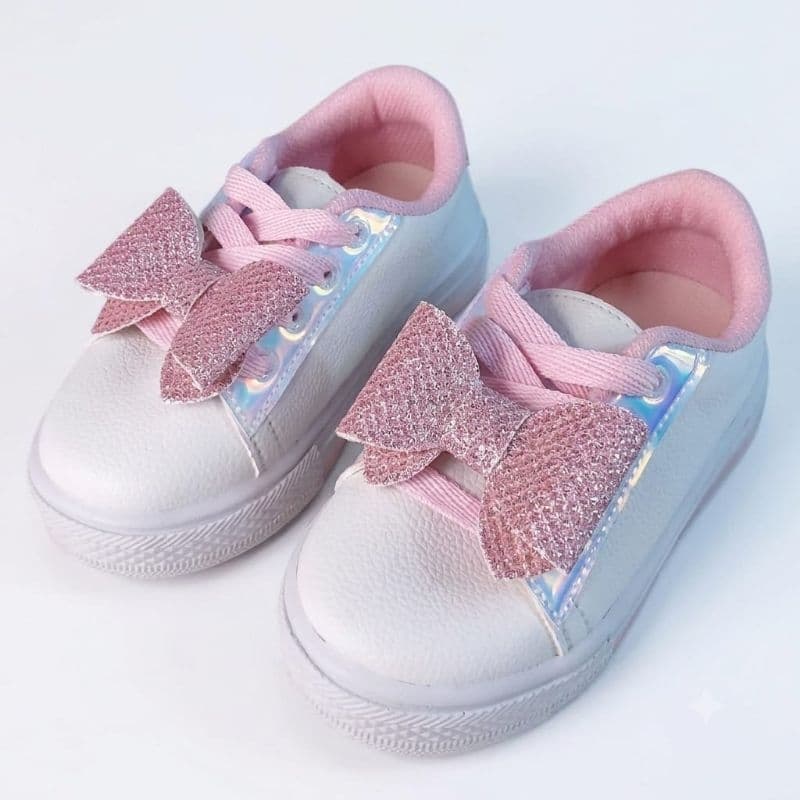 Tênis Infantil Menina Escolar Confortável Antiderrapante Branco e Rosa ou Preto com Detalhe Laço Glitter no Cadarço.