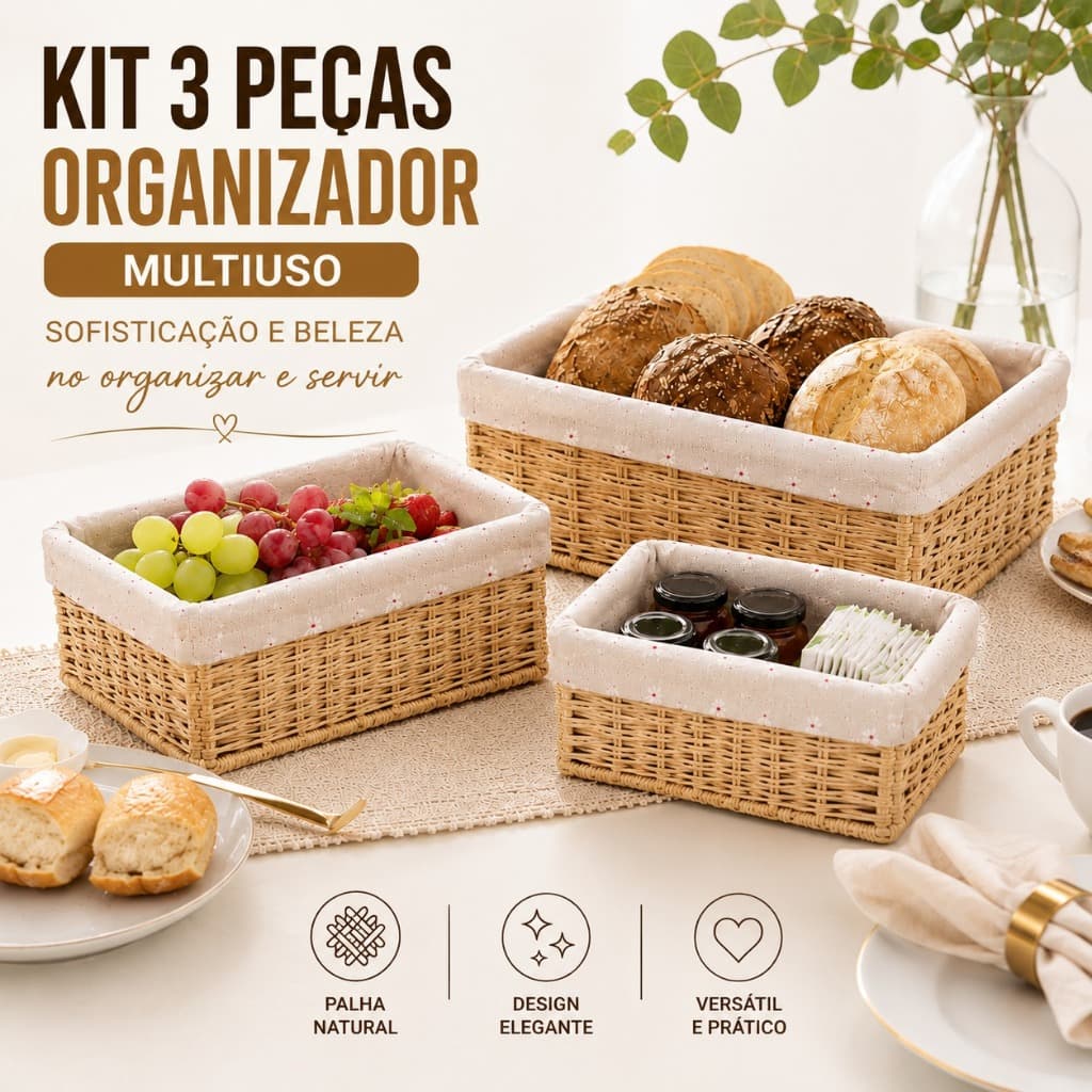 Kit 3 Cestos Organizador de Palha Tecido P/M/G Multiuso Decorativos para Quarto Sala Closet Banheiro