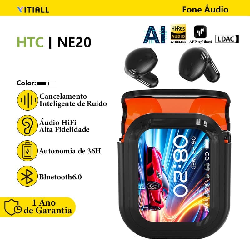 HTC NE20 Fone de Ouvido Bluetooth sem Fio Open Ear Tradutor AI Tela Touch HiFi ANC Bluetooth 6.0 IPX5 55H