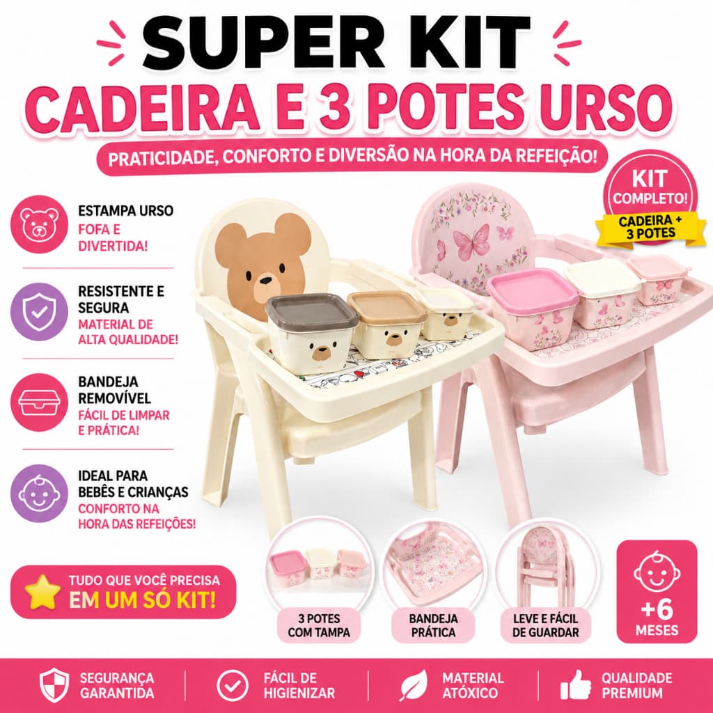 Cadeira de Alimentação Infantil + 3 Potes Creme / Safari e Jardim – Refeição Segura e Divertida Bebê