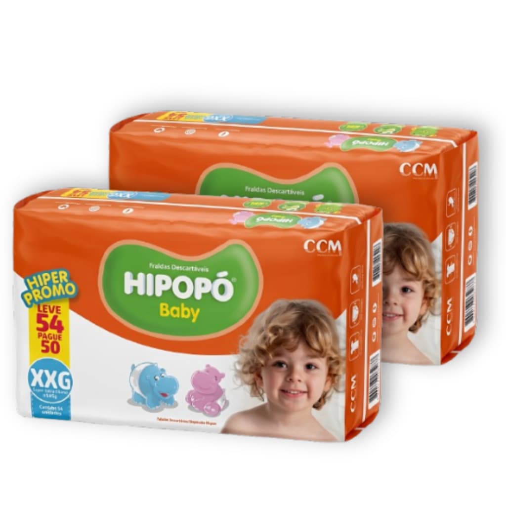 Kit 2 Fralda Descartável Hipopó Baby XXG Pacotão Hiper Total 108 Unid. Econômico