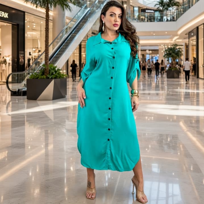Vestido Chemise Longo Midi Plus Size  Manga 3/4 Viscolinho  Botões Abrem Moda Evangélica  Estilosa