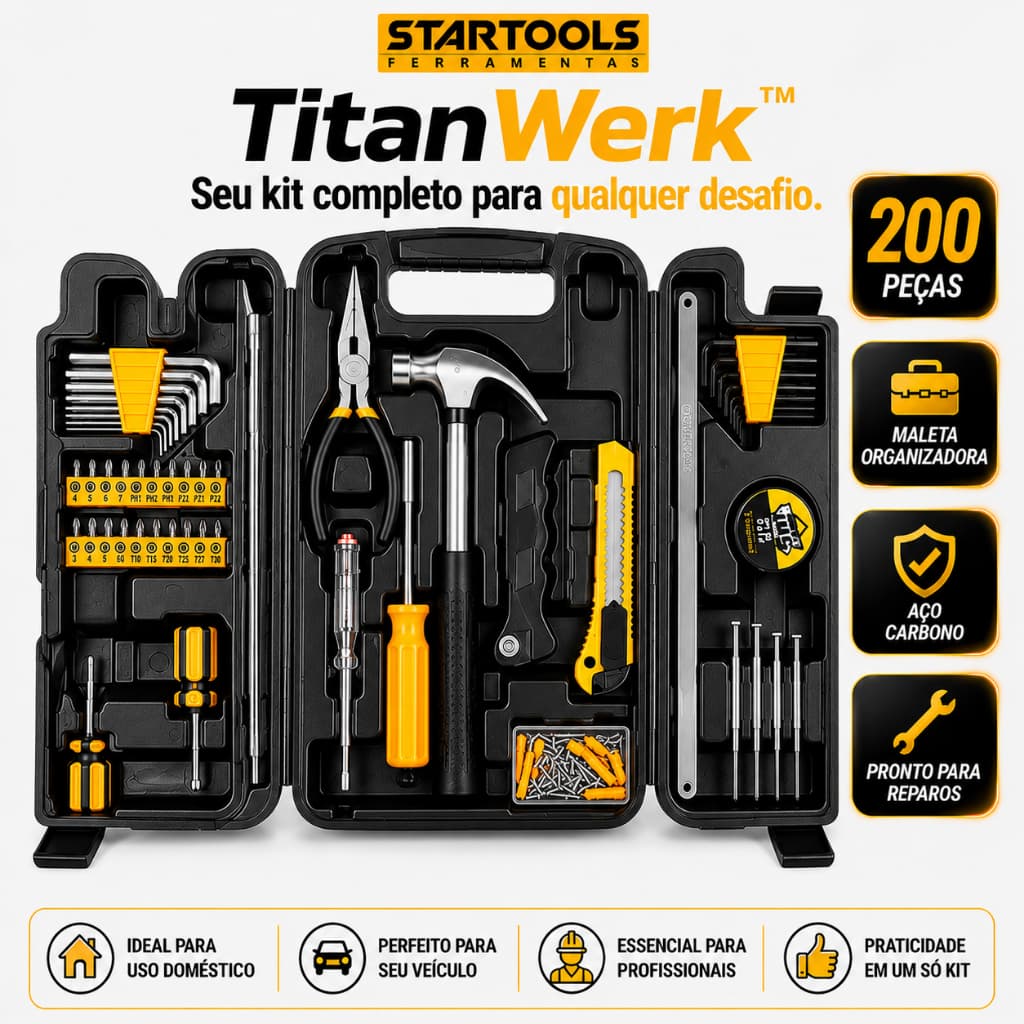 Kit Ferramentas 200 Peças Completo Profissional em Aço Carbono com Maleta Organizadora