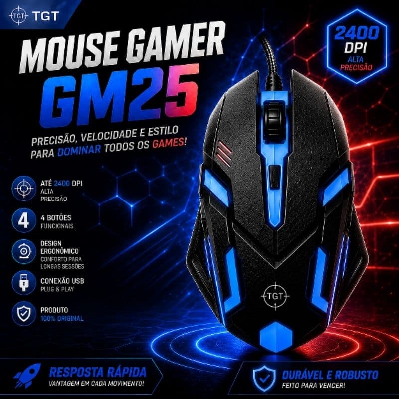 Mouse Gamer 2400 DPI 4 Botões 7 cores LED RGB com fio USB, Pc Gamer, Notebook