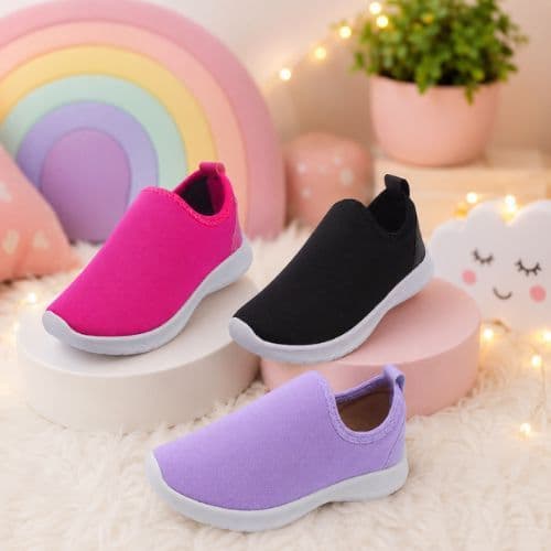 Kit 3 Pares Tênis Infantil Feminino Escolar Preto Lilás e Pink Calce Fácil Macio Confortável Antiderrapante Esportivo